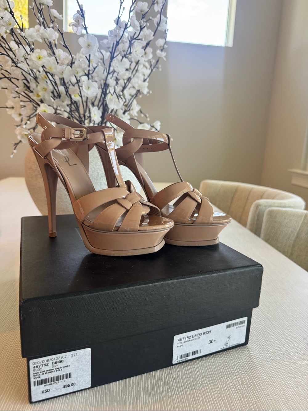 Saint Laurent Beige Patent Leather Platform T-Strap Heels